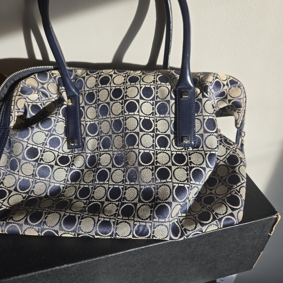 Handbags - Salvatore Ferragamo Navy and Beige Canvas Patterned Women's Bag W/ Authenticity